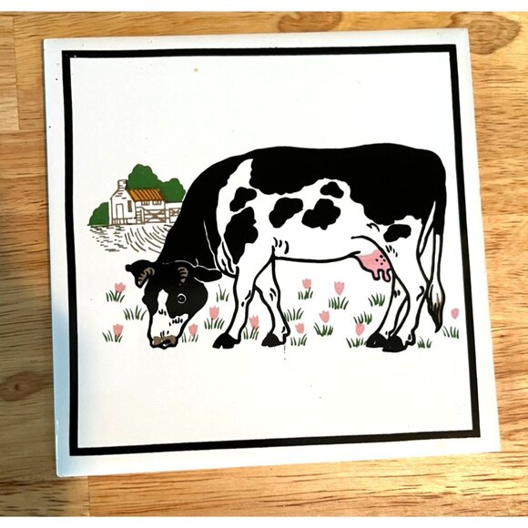 Vintage 1980s Dairy Cow Ceramic Tile Farmhouse Decor - Picture 1 of 4